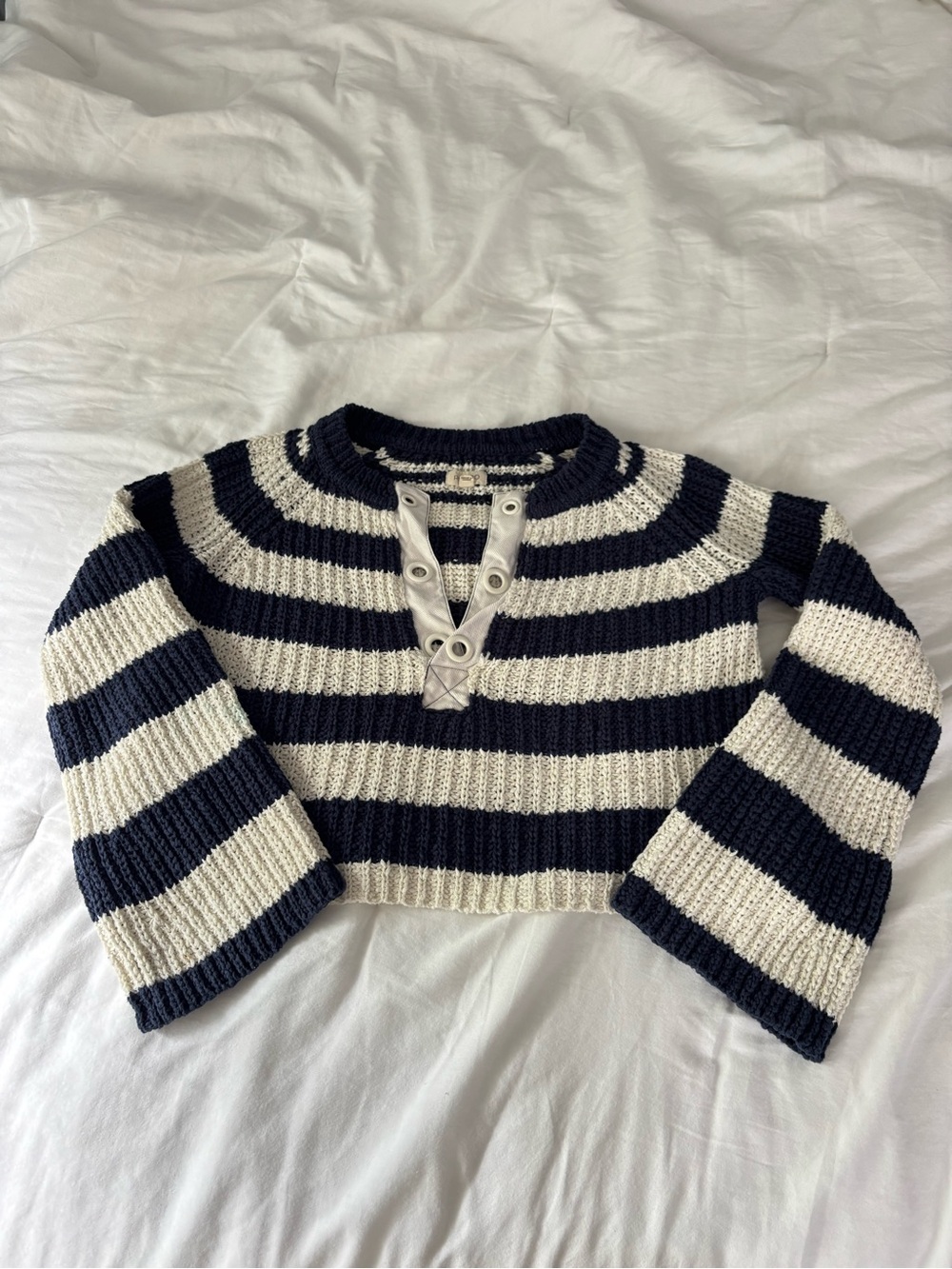 Pilcro Navy and Cream Striped Cropped Knit Sweater